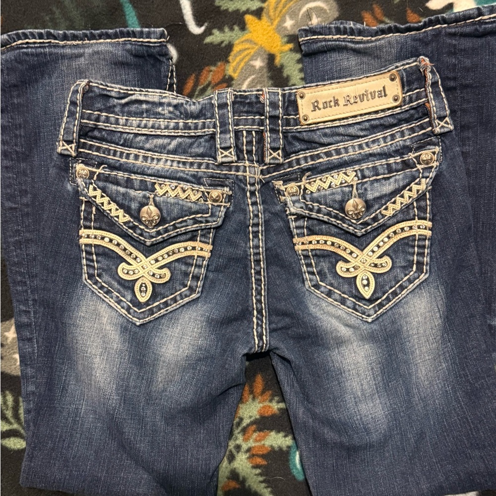 Rock Revival Elaina Jeans 26 Bootcut Medium Blue Rhinestone Petite Inseam